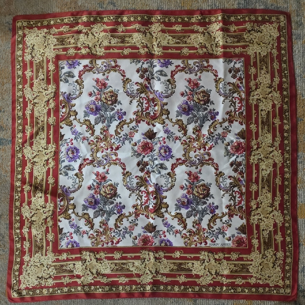Hardy Amies Red and Gold Floral Silk Scarf
